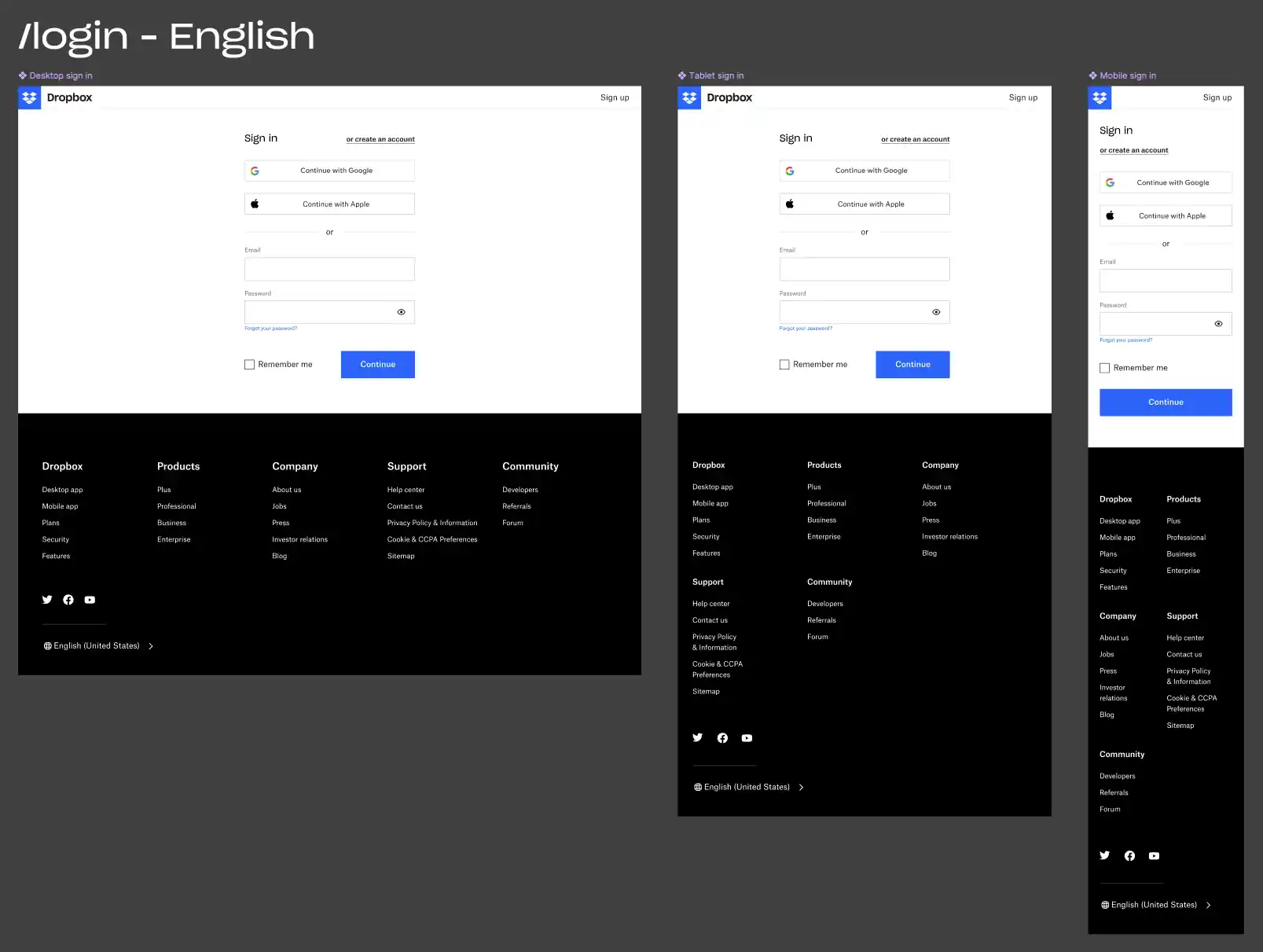 The final login experience, in Desktop, Tablet, and Mobile device sizes